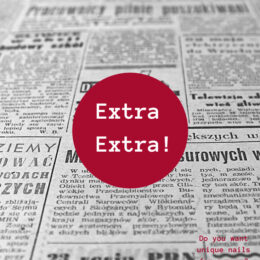 Newsprint clippping with text inside red circle "Extra Extra!"