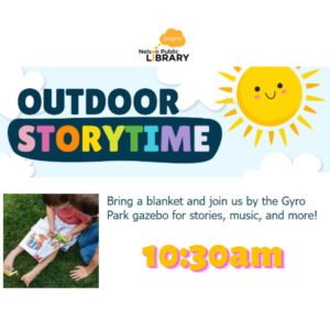 outdoor storytime advertised in rainbow letters with a picture of a child reading on grass.