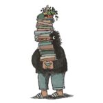 Comic image of person carrying and hidden by a very tall stack of books with houseplants on top of the stack