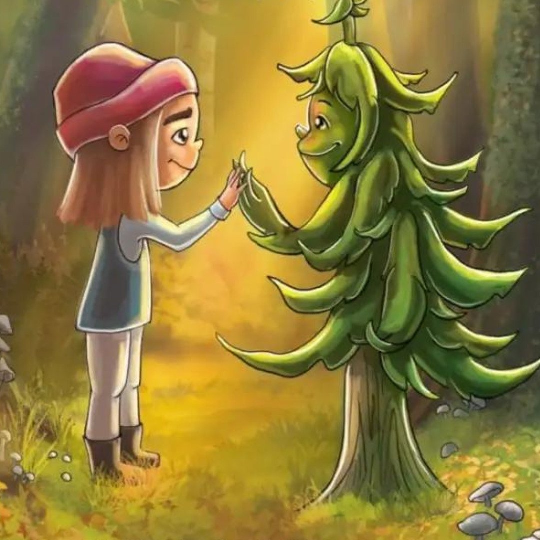 A cartoon of a girl in a red tuque and an anthropomorphized tree touching hands in the forest.