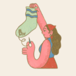 cartoon woman darning a sock