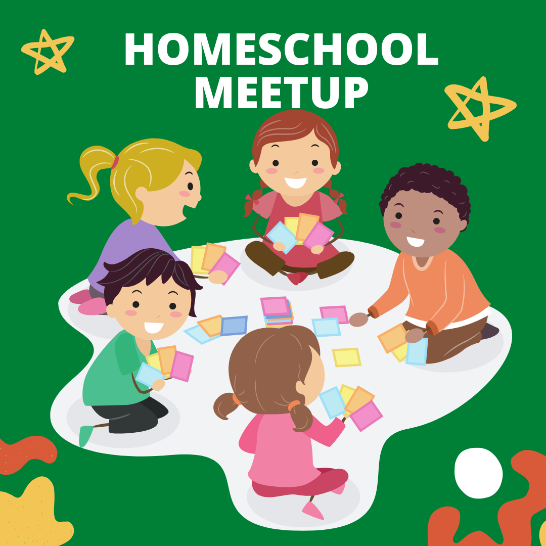 Homeschool Meetup. Image of kids sitting in a circle playing on the floor. Green background.
