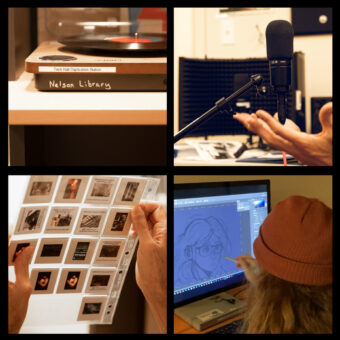 images in 4 sections of a square: record player, slide negatives, graphic artist computer screen, expressive hands and microphone