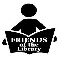 Friends of the Library logo. Image: black & white. a stick figure holds open a book that is titled "Friends of the Library"