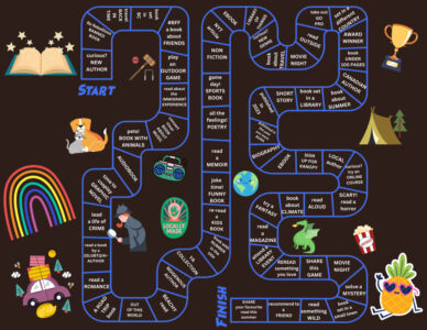 A game board represented as a path that is made of a series of landing places. Each landing place has a reading or action suggestion. The game board path is surrounded by whimsical decorative images.