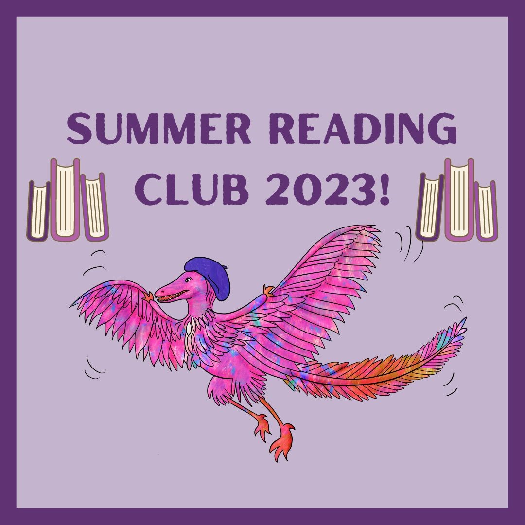a purple square with the words summer reading club 2023 and a picture of a flying dinosaur wearing a hat