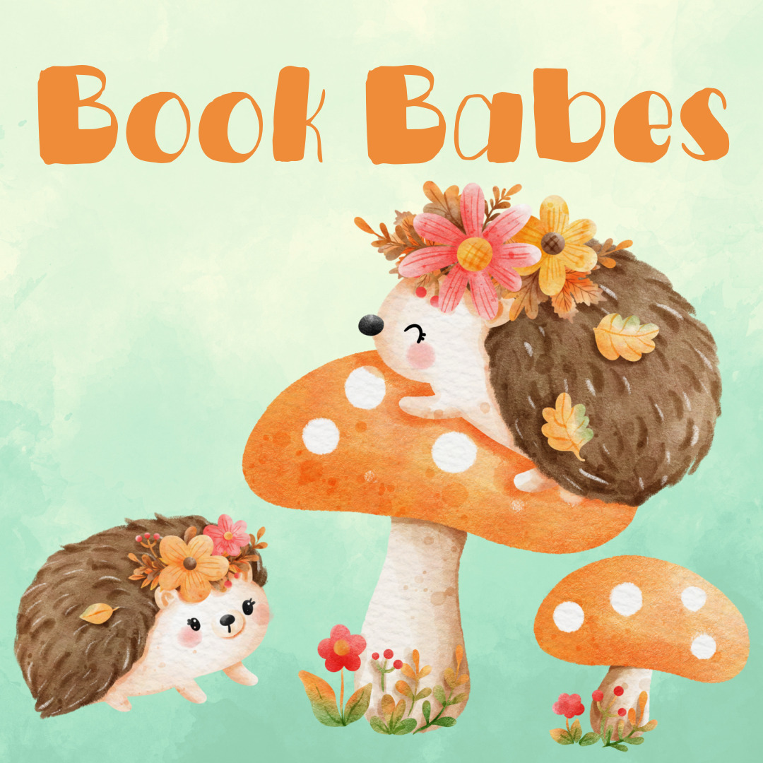 A cute pastel image of hedgehogs and mushrooms with the words book babes.