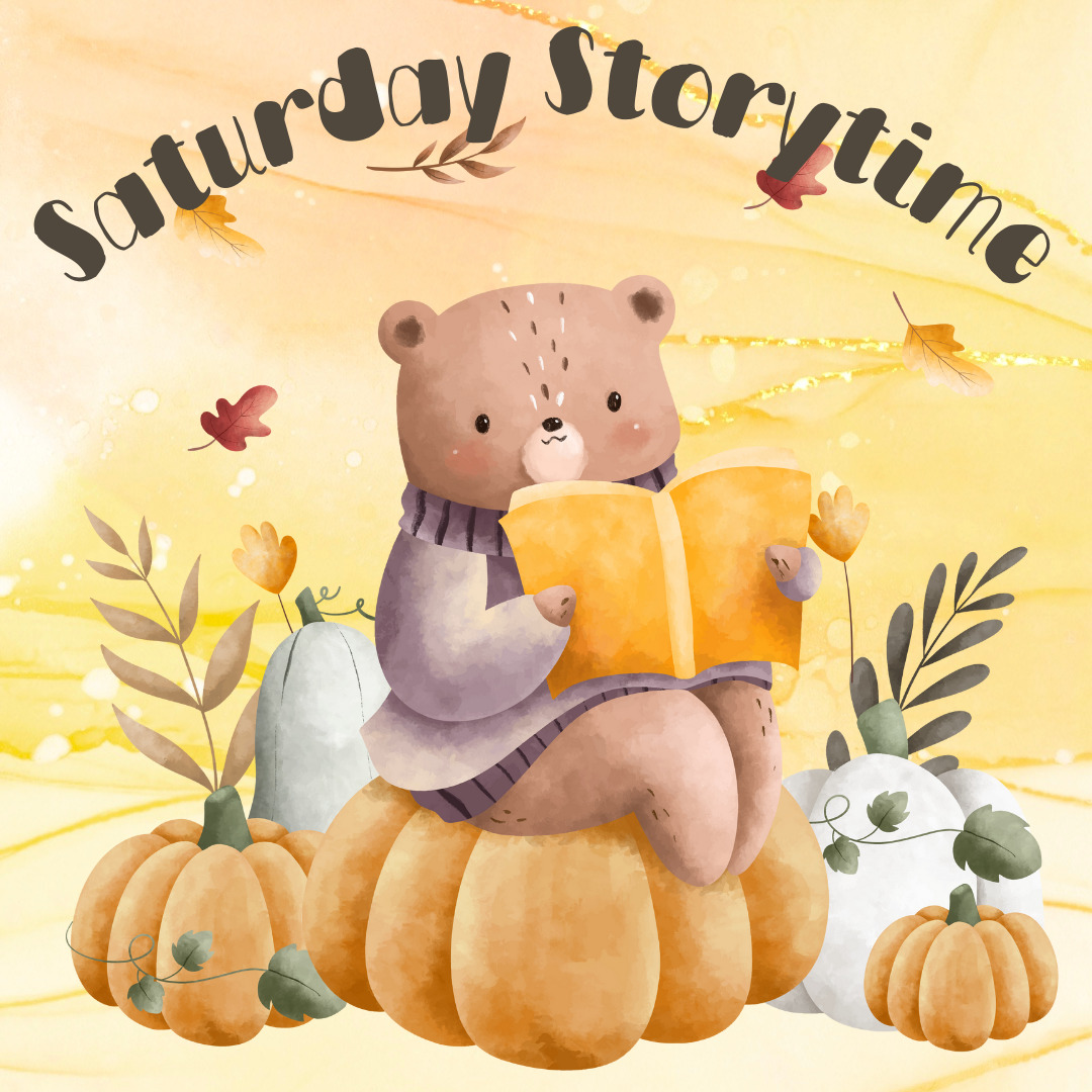 Cute cartoon of a bear sitting on pumpkins reading a book