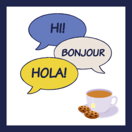 Cookies and Conversation - Hello in multiple languages, link to events calendar