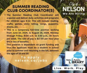 Summer Reading Club Coordinator- Nelson Library, link to job posting PDF