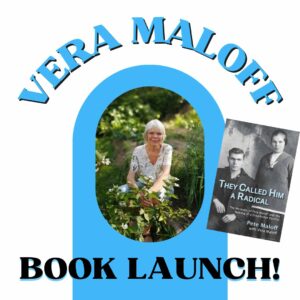 portrait of author Vera Maloff, image of new book cover, link to event listing