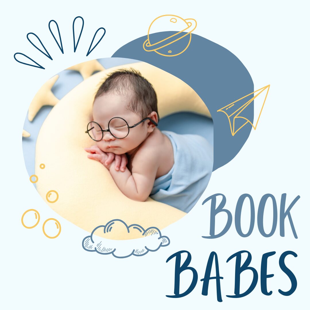 A sleeping baby wearing big round glasses and the words book babes