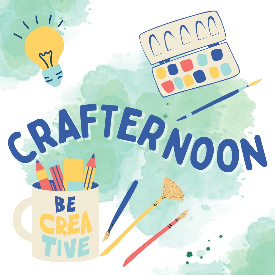 an image with craft supplies and the word crafternoon in blue text