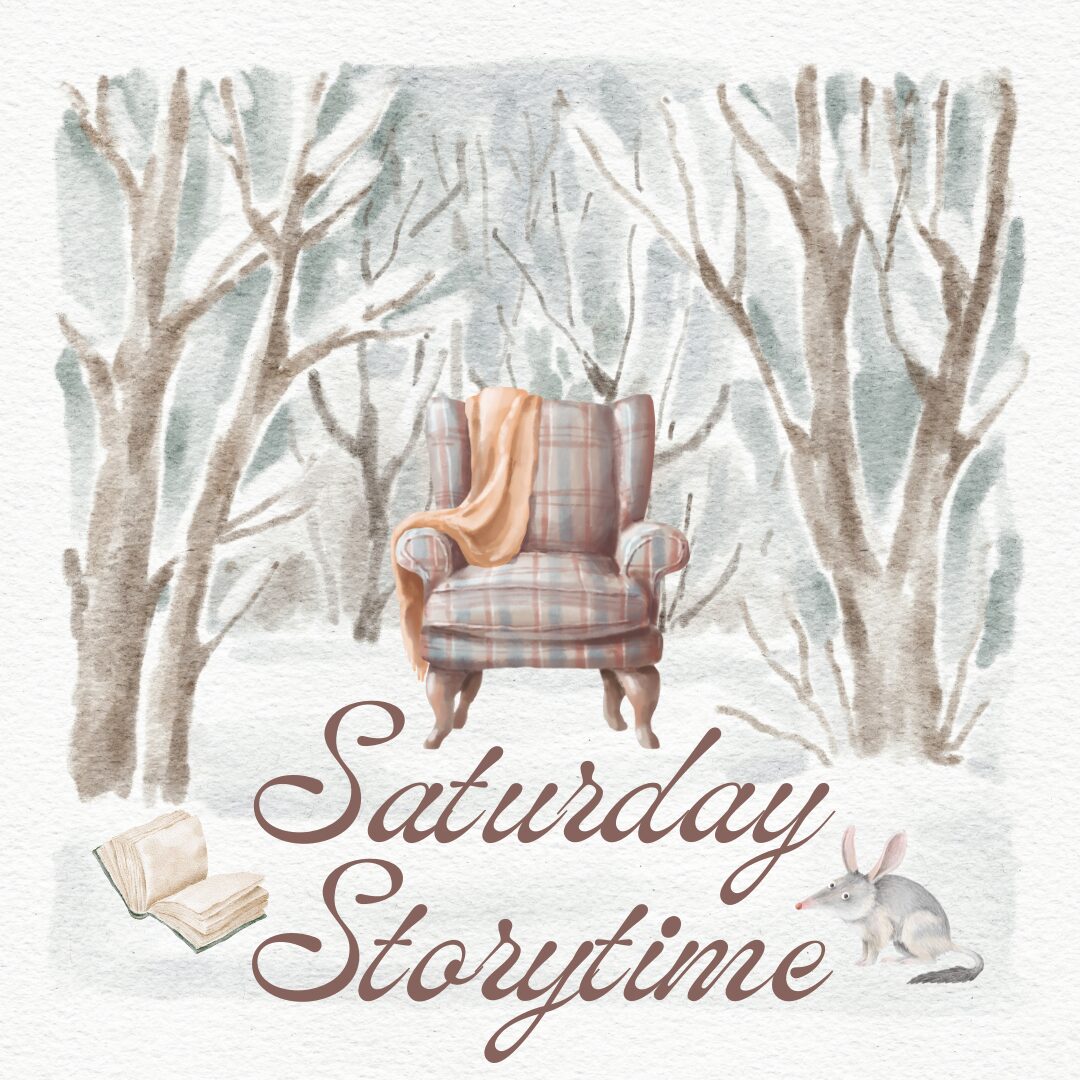 A winter scene with a chair and the words Saturday Storytime